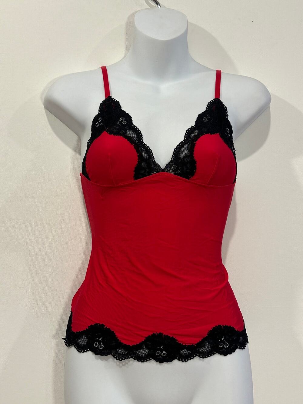 Vintage Jezebel Red Silky Stretch Lace Trim Cami Babydoll Tank Top Small